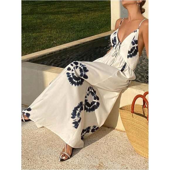 Women's Boho Floral Print Maxi Dress Sleeveless Backless Tie Front Summer - Picture 3 of 5
